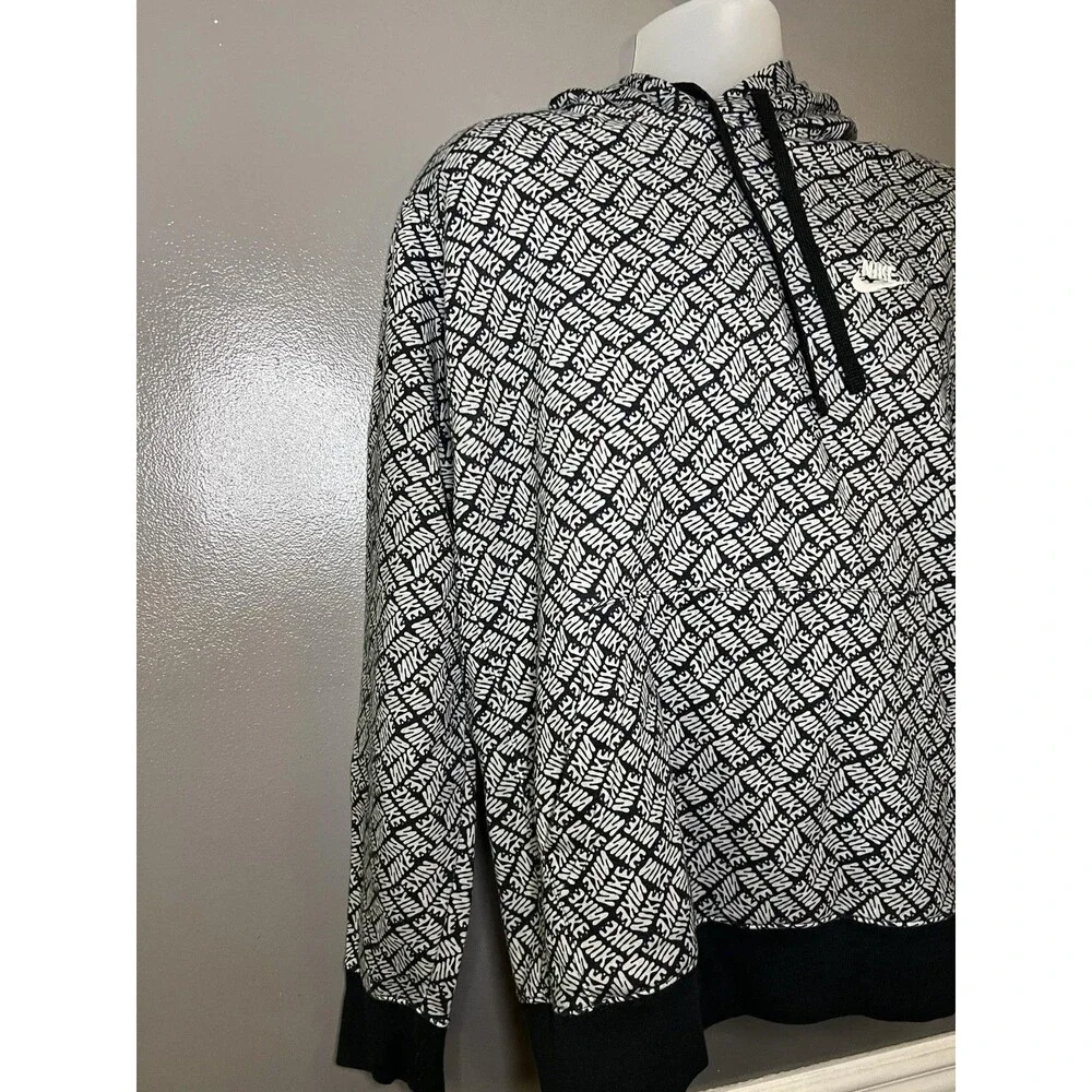 Nike Hoodie Mens Large Black Allover Graphic Logo Fleece Pullover Sweatshirt